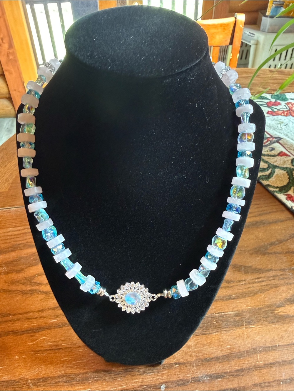 Opal-Effect Blue Bead Necklace with Pale Pink Spacer Beads &Sparkling Centerpiec